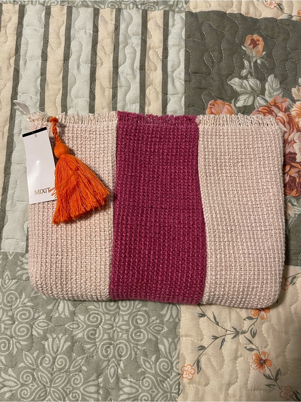 Mixit Pink & Cream Woven Clutch with Orange Tassel